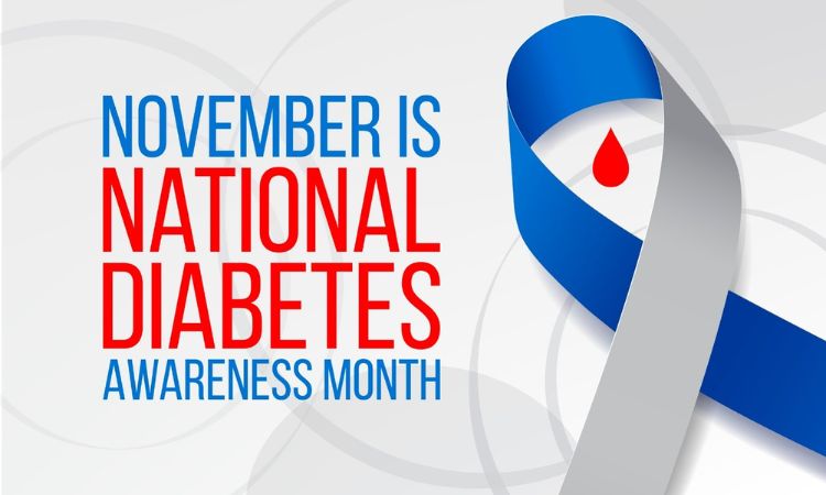 image of a blue and white ribbon, and text that says november is national diabetes awareness month