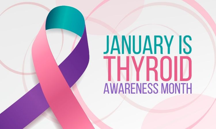 banner with a ribbon colored green, purple and pink that says January is thyroid awareness month