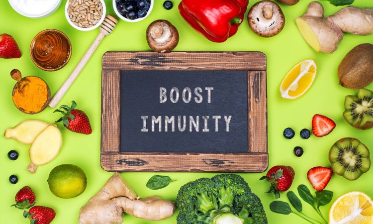 image of fruits hers honey around a black board with boost immunity written on it
