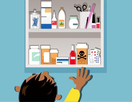illustration of a child reaching up and into a medicine cabinet with 