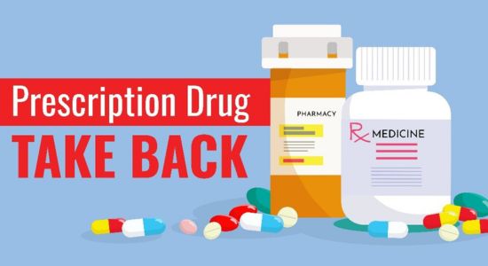 illustrated ad with pill bottles and text that reads "Prescription drug take back"