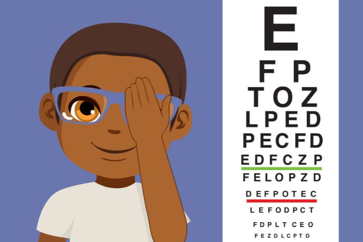 illustration of a young boy wearing glasses, covering one eye performing an eye test exam