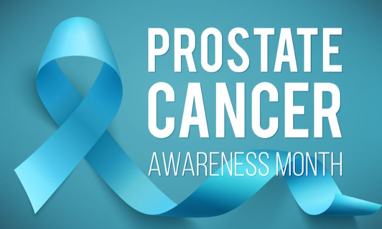 a blue ribbon on a blue background with text that reads prostate cancer awareness month