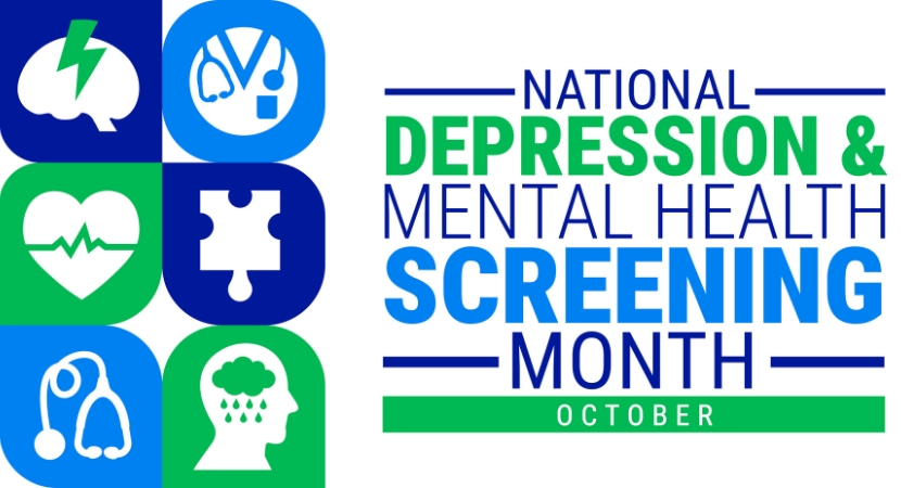 graphic with health icons ranging from a heartbeat, a lab coat with national depression & mental health screening month