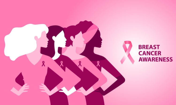 illustration of women in different shade of pink and white with a caption "Breast Cancer Awareness"