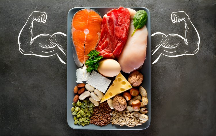 a plate of food high in protein resting on a chalkboard with chalk drawn arms flexing